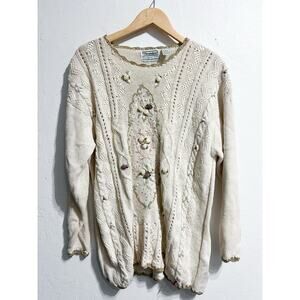 VIntage Shenanigans Sweater Medium Cottage Grandma Rose Pearls Ribbon Ivory